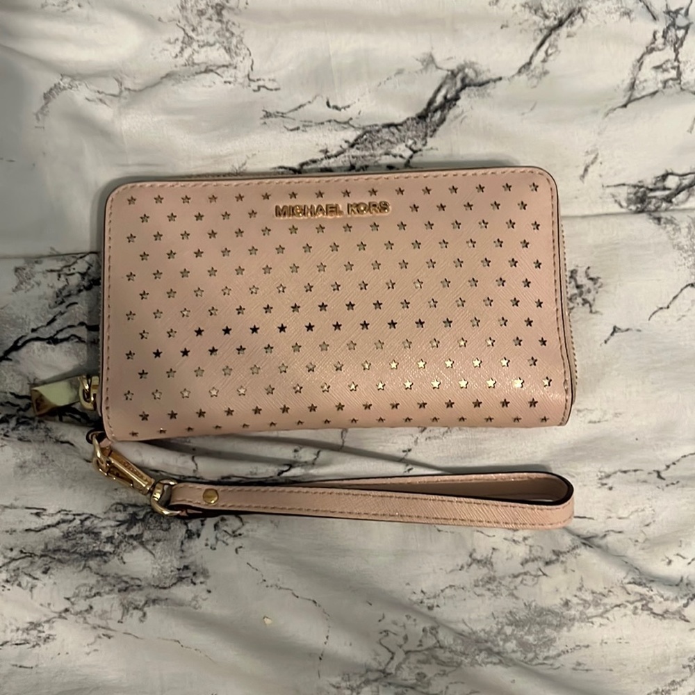 mk rose pink gold star wristlet
